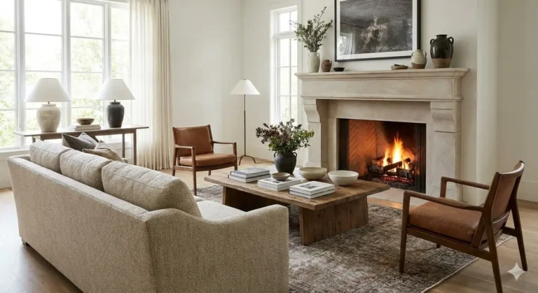 how to style furniture around a fireplace