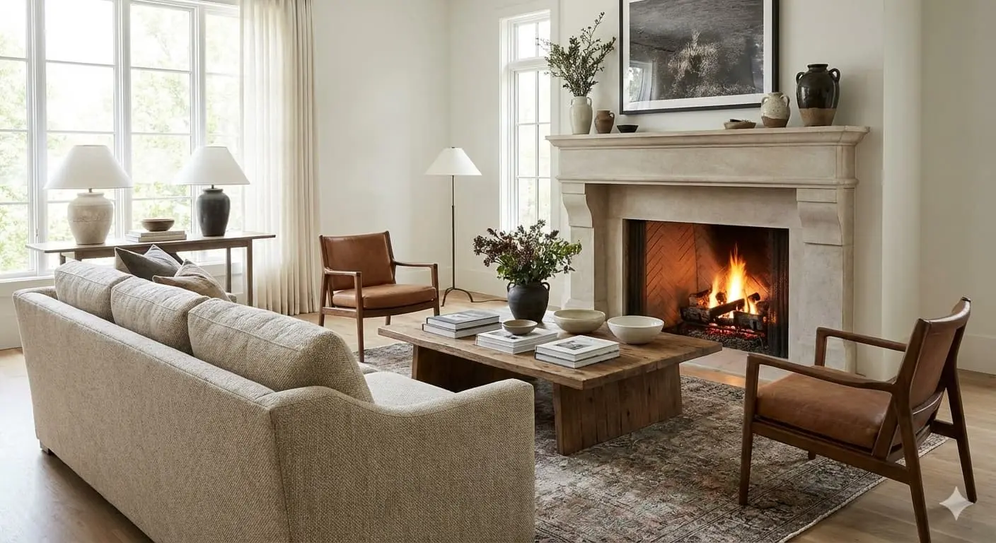 how to style furniture around a fireplace