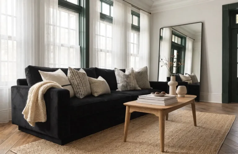 living room with black couch